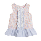 Stripe & Floral Lace Trim Ruffled Dress & Shorts Set