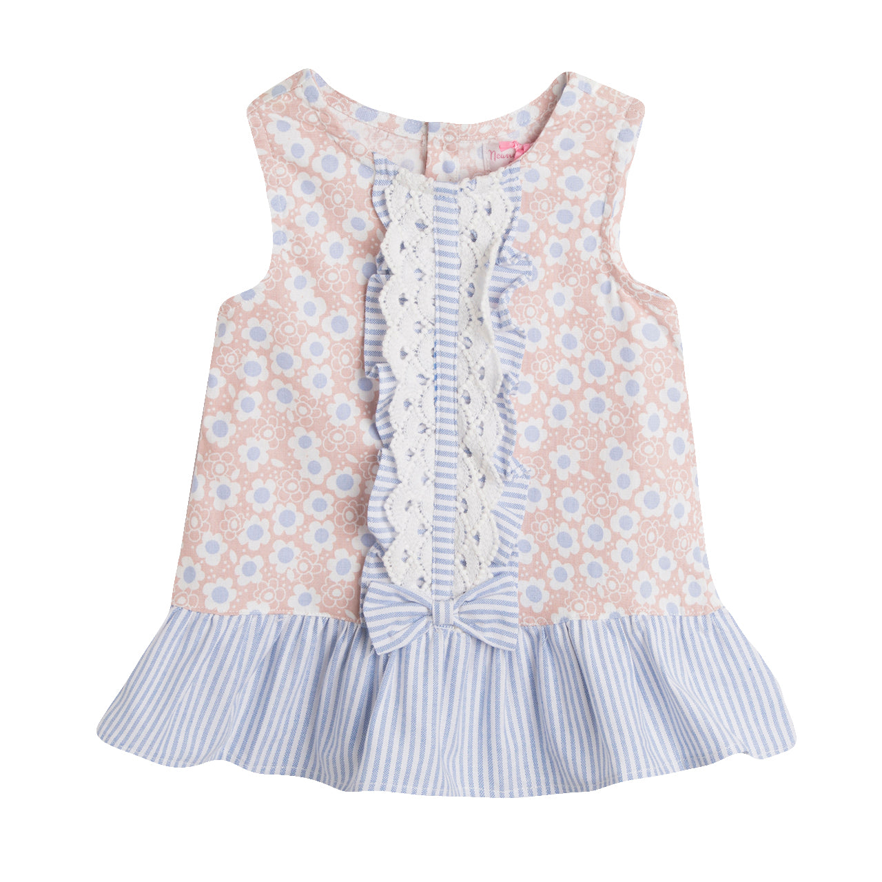 Stripe & Floral Lace Trim Ruffled Dress & Shorts Set