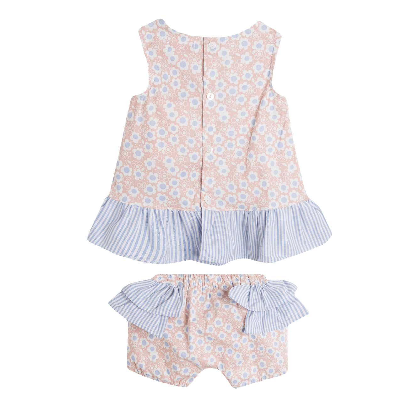 Stripe & Floral Lace Trim Ruffled Dress & Shorts Set