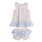 Stripe & Floral Lace Trim Ruffled Dress & Shorts Set