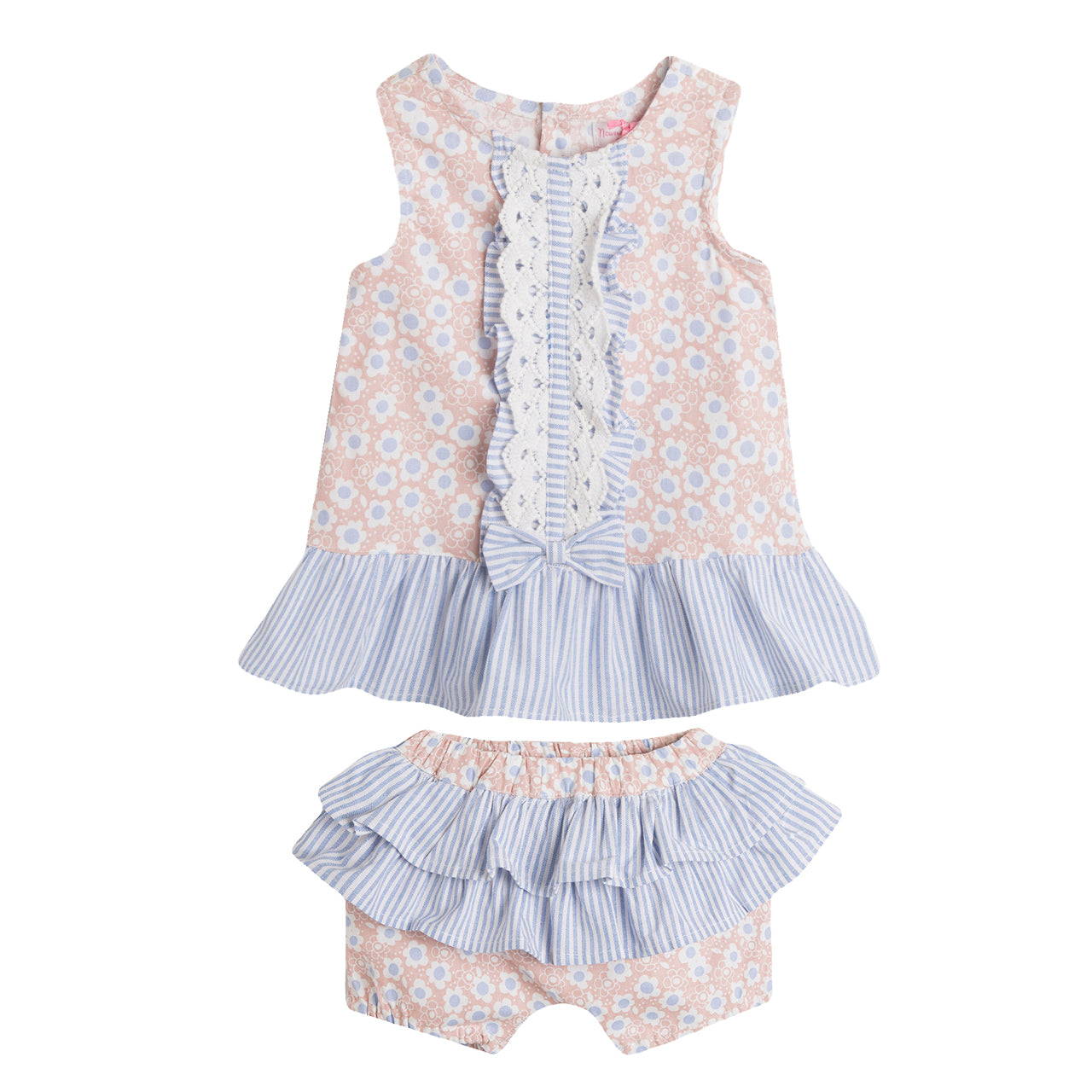 Stripe & Floral Lace Trim Ruffled Dress & Shorts Set
