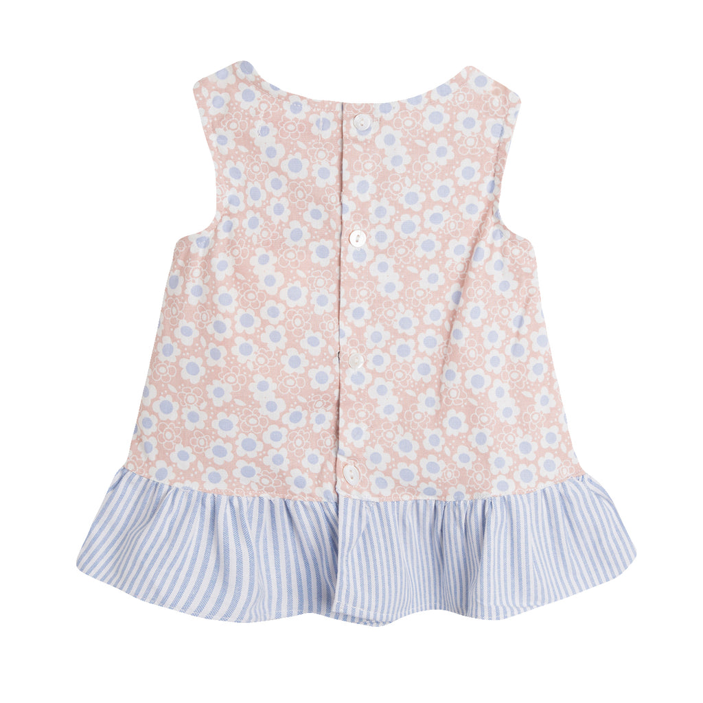 Stripe & Floral Lace Trim Ruffled Dress & Shorts Set