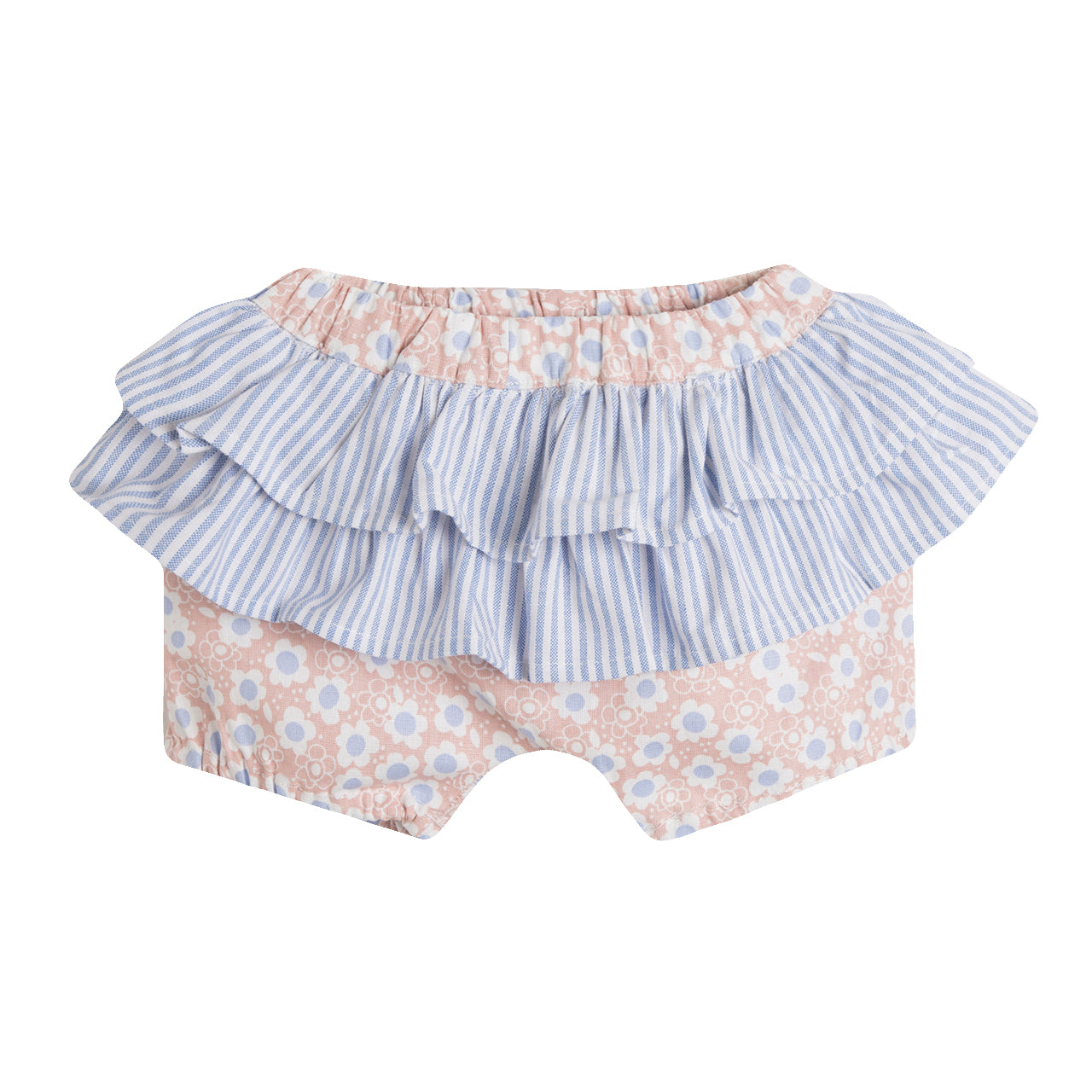 Stripe & Floral Lace Trim Ruffled Dress & Shorts Set
