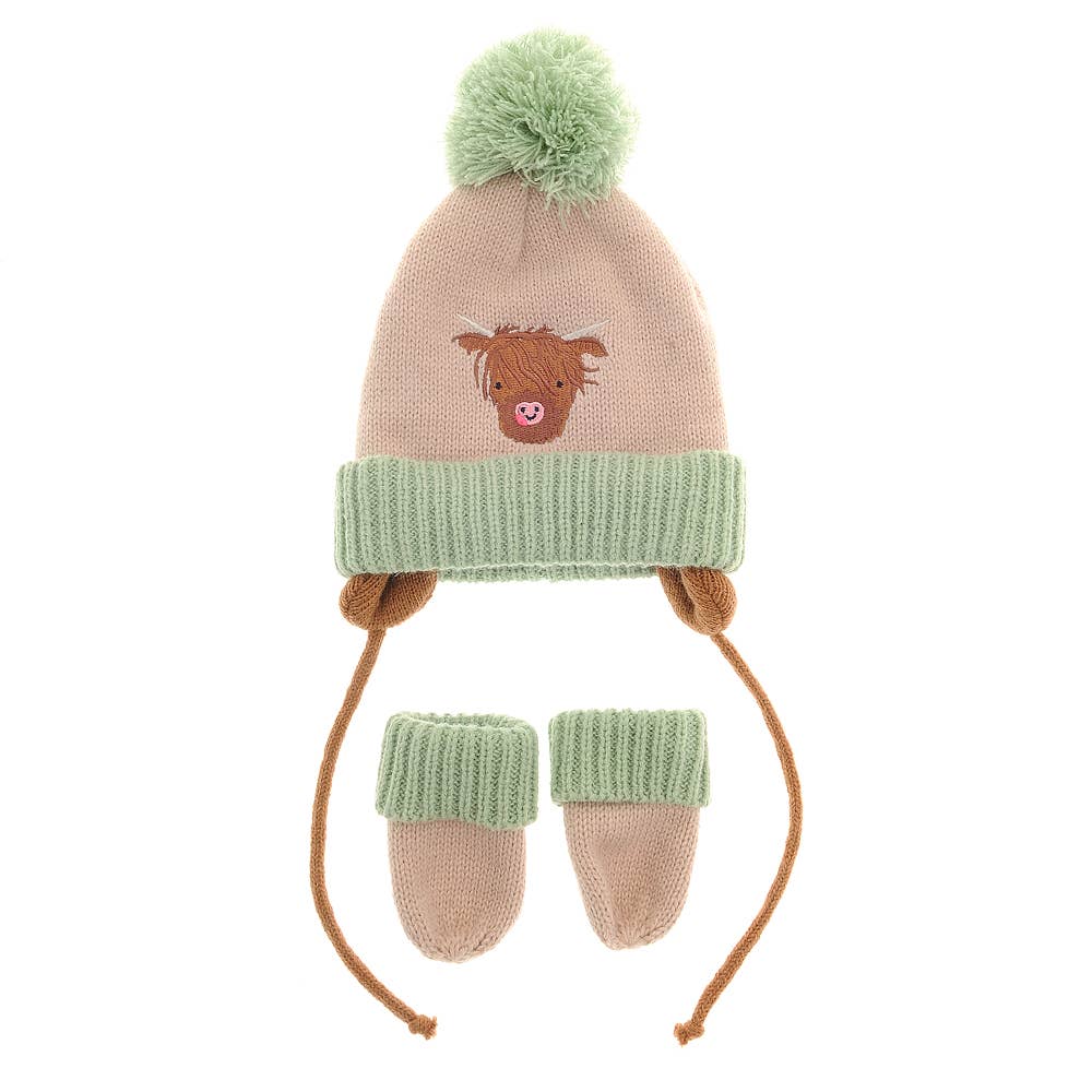 Highland Cow Wooly Hat and Mittens: Highland Cow / 0-12 months