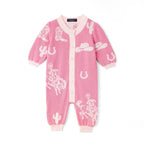 A pink long-sleeve baby romper with a white knit western-themed pattern featuring boots, hats, horseshoes, and cacti, shown flat on a white background. AdoraBaby.co.uk