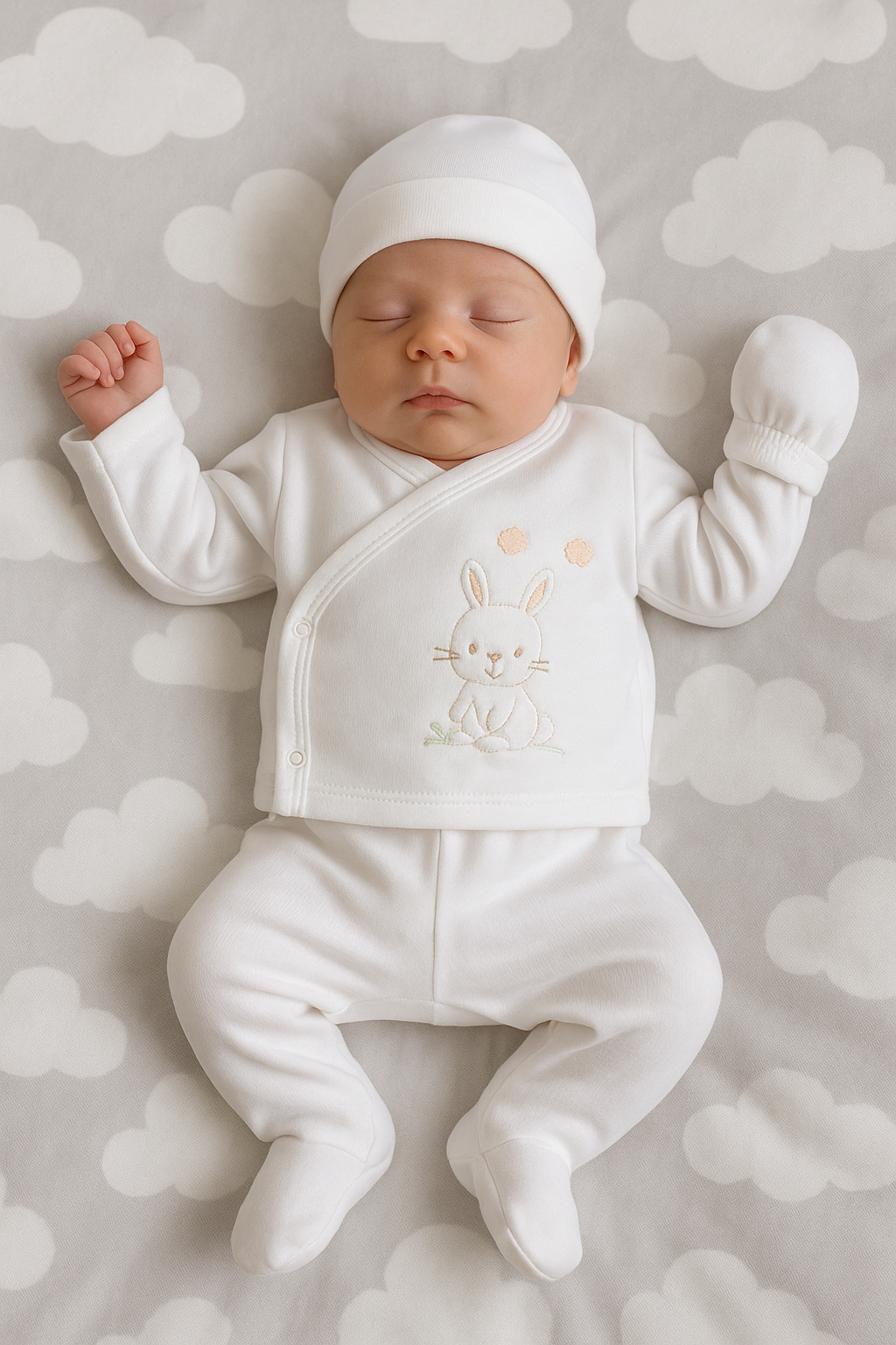 Newborn baby in a white outfit with a bunny design, lying on a gray blanket with cloud patterns. - AdoraBaby.co.uk