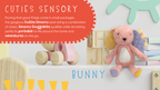 Cuties Sensory plush toy bunny with wooden blocks and colorful items on a white background