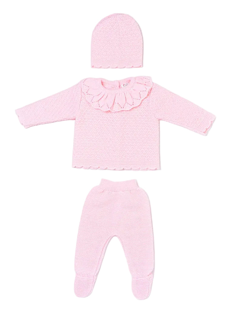 A three-piece Fruit de ma Passion baby knit outfit set in light pink, including a long-sleeve top with a ruffled collar, matching footed pants, and a knit bonnet, AdoraBaby.co.uk
