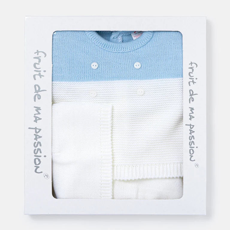 A baby knit sweater in light blue and white, presented inside a white gift box with a clear window. The box has the brand name 'fruit de ma passion' printed vertically on the sides.