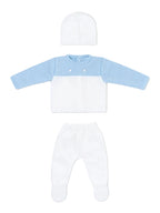 A three-piece baby knit outfit set featuring a long-sleeve cardigan in light blue and white, matching white footed pants, and a white knit bonnet, laid out on a light gray background.