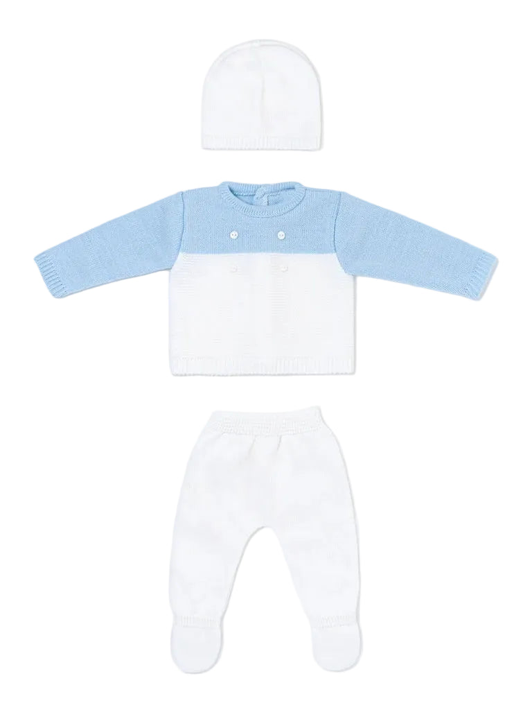 A three-piece baby knit outfit set featuring a long-sleeve cardigan in light blue and white, matching white footed pants, and a white knit bonnet, laid out on a light gray background.