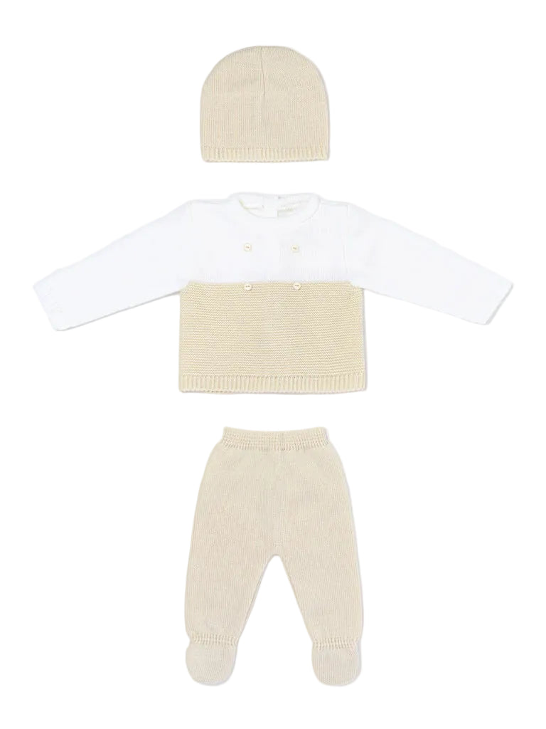 A three-piece baby knit outfit set featuring a long-sleeve top with a white and beige color-blocked design, matching beige footed pants, and a beige knit beanie, laid out on a light gray background.