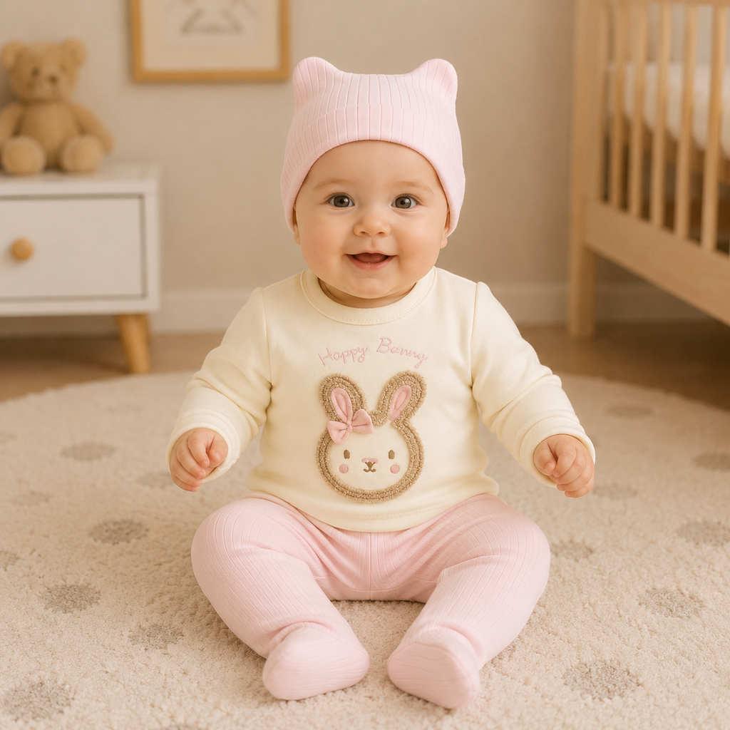 Happy Bunny Cotton 3-Piece Newborn Baby Set – Pink