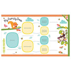 Children's educational chart titled 'My Family Tree' with animal illustrations and blank spaces for photos.