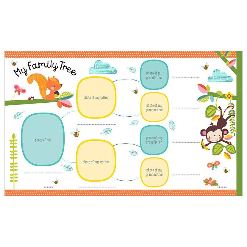 Children's educational chart titled 'My Family Tree' with animal illustrations and blank spaces for photos.