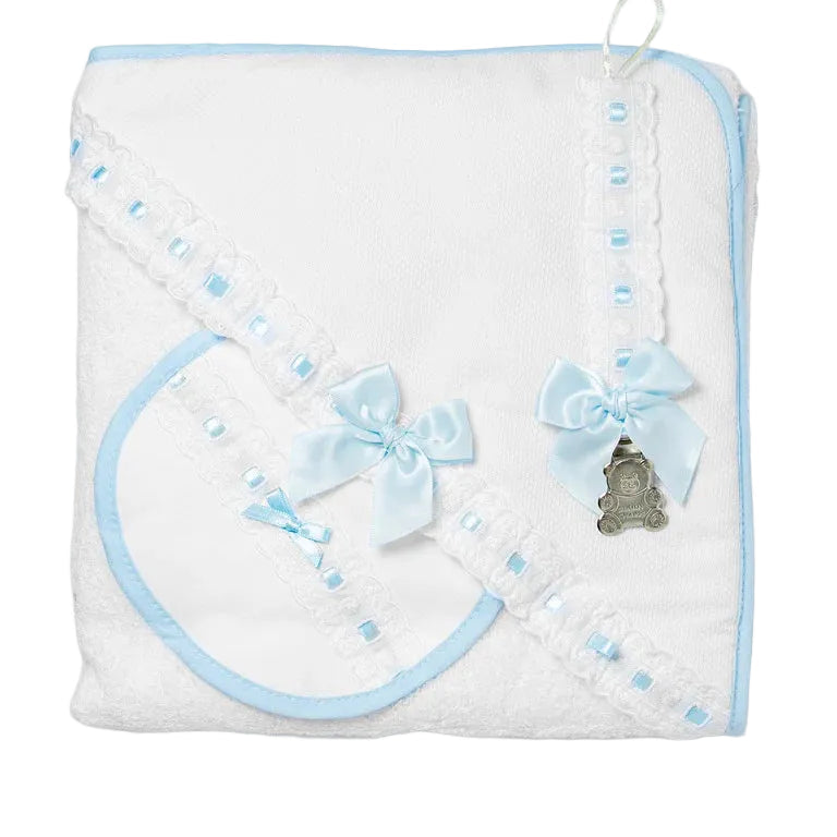 Luxury lace & ribbon bath towel, bib & dummy clip white & blue - Adorababy.co.uk