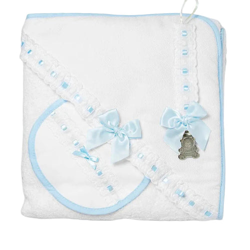 Luxury lace & ribbon bath towel, bib & dummy clip white & blue - Adorababy.co.uk