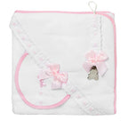 Luxury lace & ribbon bath towel, bib & dummy clip white & pink - Adorababy.co.uk