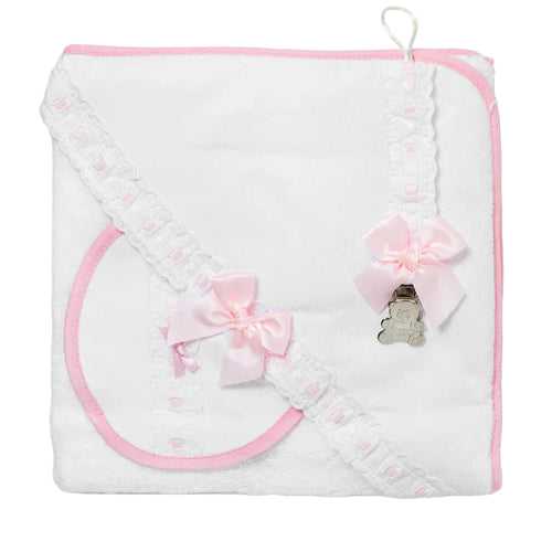 Luxury lace & ribbon bath towel, bib & dummy clip white & pink - Adorababy.co.uk