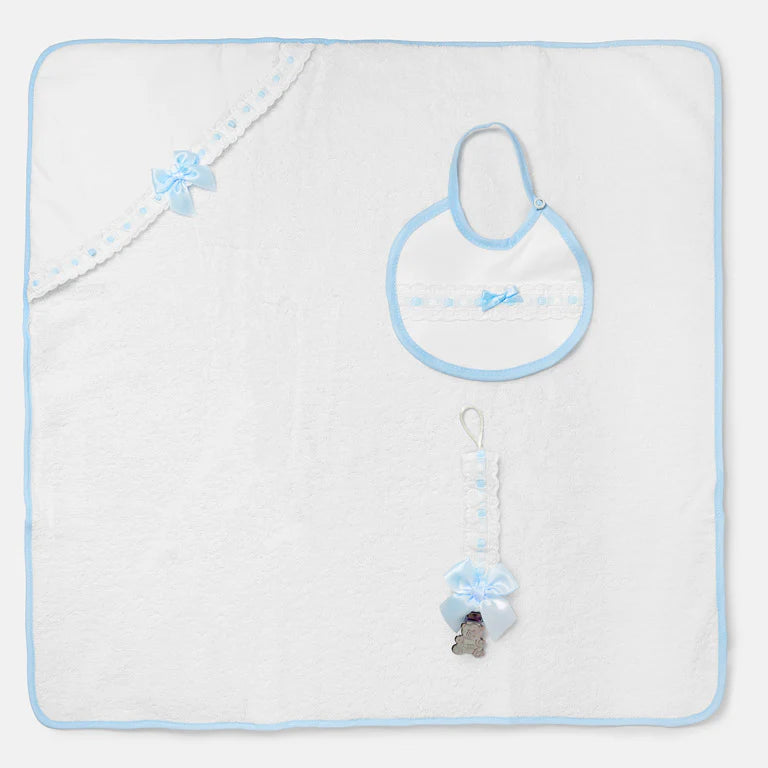 Luxury lace & ribbon bath towel, bib & dummy clip white & blue - Adorababy.co.uk