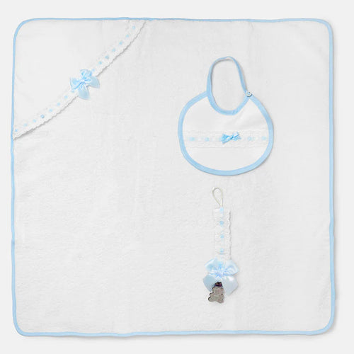 Luxury lace & ribbon bath towel, bib & dummy clip white & blue - Adorababy.co.uk
