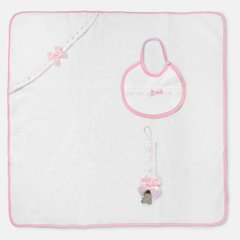 Luxury lace & ribbon bath towel, bib & dummy clip white & pink - Adorababy.co.uk