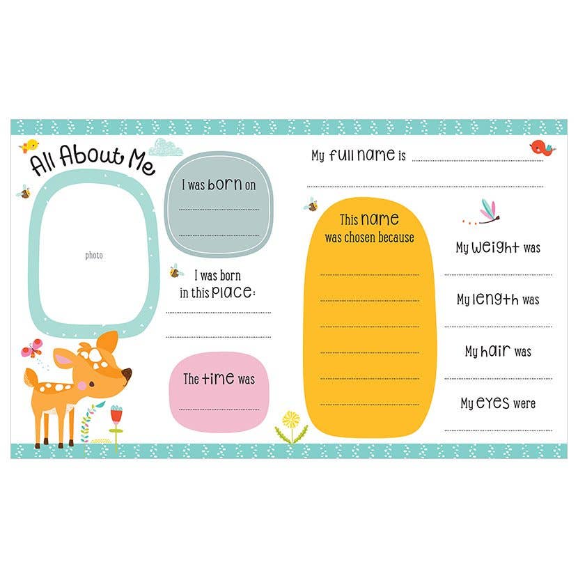 Children's 'All About Me' worksheet with cartoon deer design on a white background