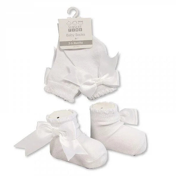 white baby socks with satin ankle bow Adorababy.co.uk
