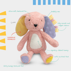 Pink plush toy with features highlighted on a white background