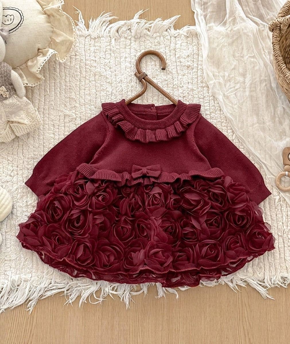 Rose Knit Baby Girls Occasion Dress - Burgundy Red or Ivory