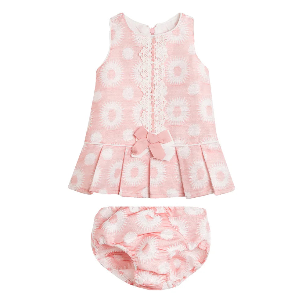 Girls Pink Sleeveless Occasion Dress Set with Lace & Bow