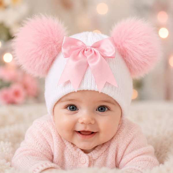 White Pink Baby Hat with Faux Fur Pom Poms & Bow