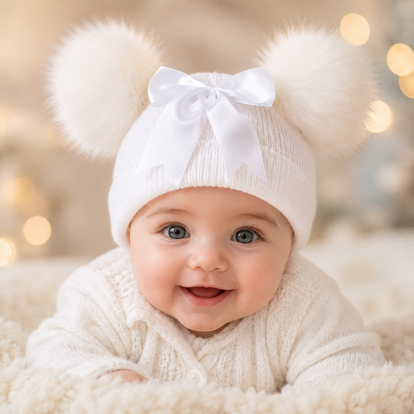 White Baby Hat with Faux Fur Pom Poms & Bow