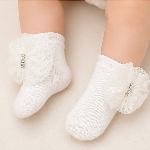 Ivory Bow Mesh Diamante Baby Ankle Socks