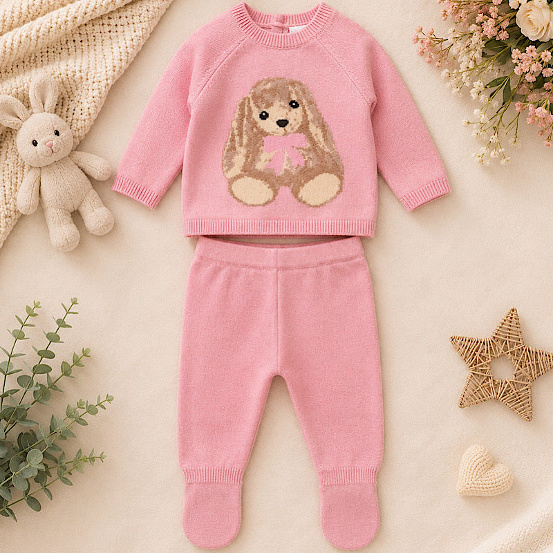 Pink Knitted Bunny Baby Two-Piece Set