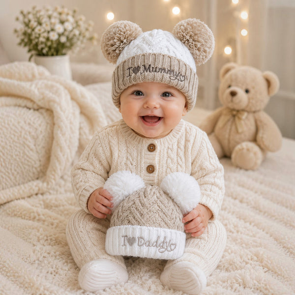 Soft Touch Coffee & White Baby Hat – I Love Daddy / I Love Mummy