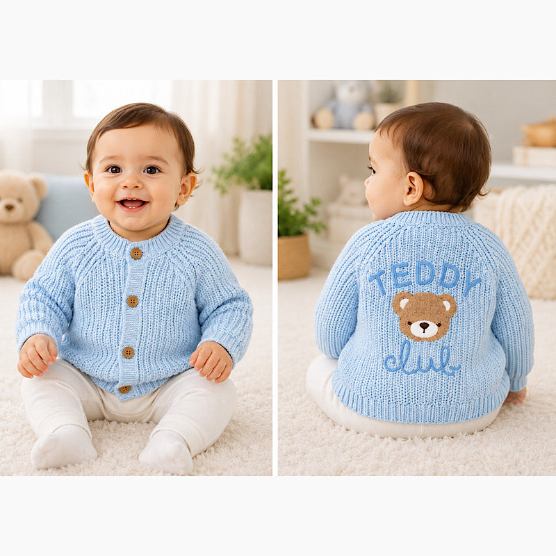 Teddy Club Blue Embroidered Baby Cardigan