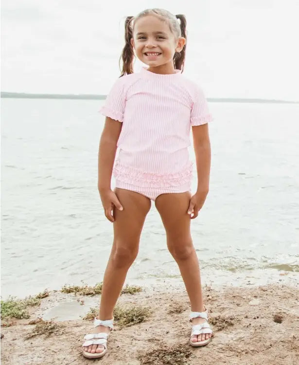 RUFFLEBUTTS RuffleButts Pink Seersucker Rashguard Ruffled Bikini - The Baby Place