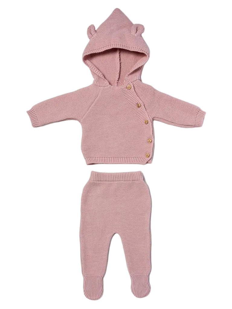Fruit de ma Passion baby knit two-piece outfit in dusty pink, featuring a hooded cardigan with bear ears and front buttons, paired with matching footed pants,- AdoraBaby.co.uk