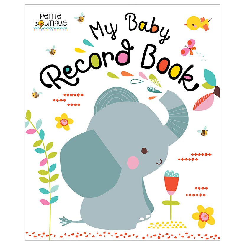 'My Baby Record Book' with a cartoon elephant and colorful design. AdoraBaby.co.uk