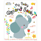 'My Baby Record Book' with a cartoon elephant and colorful design. AdoraBaby.co.uk