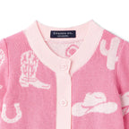Pink baby romper with cowboy boot and hat patterns on a white background