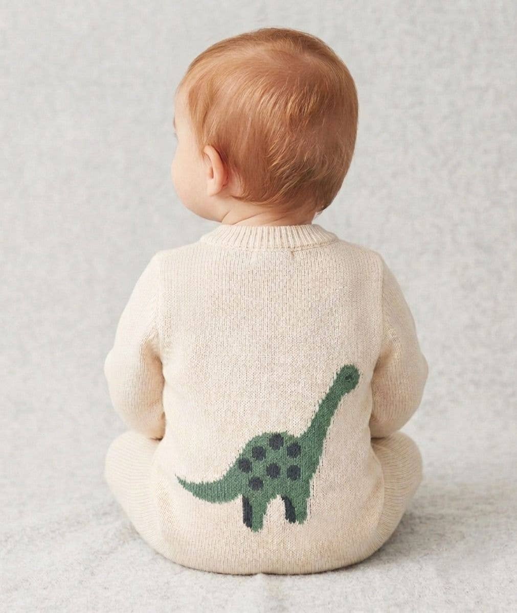 Ivory Dinosaur Knit Romper & Bonnet Set