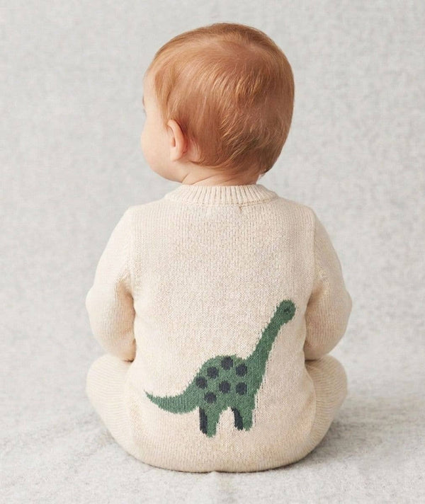 Ivory Dinosaur Knit Romper & Bonnet Set