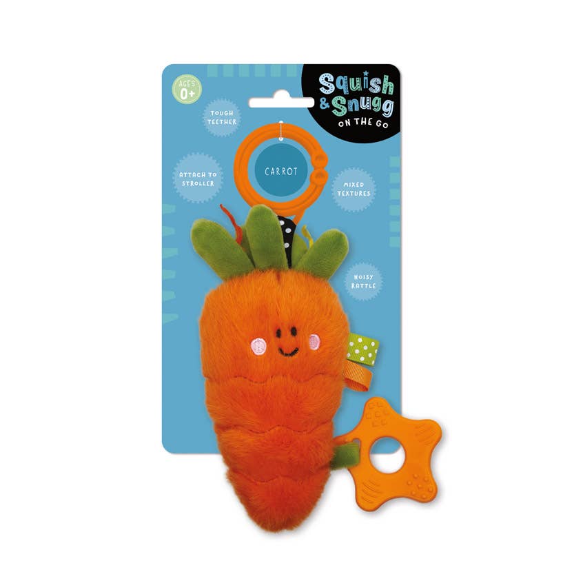 Carrot-shaped toy with a teether on a Squish & Snuggs packaging - AdoraBaby.co.uk