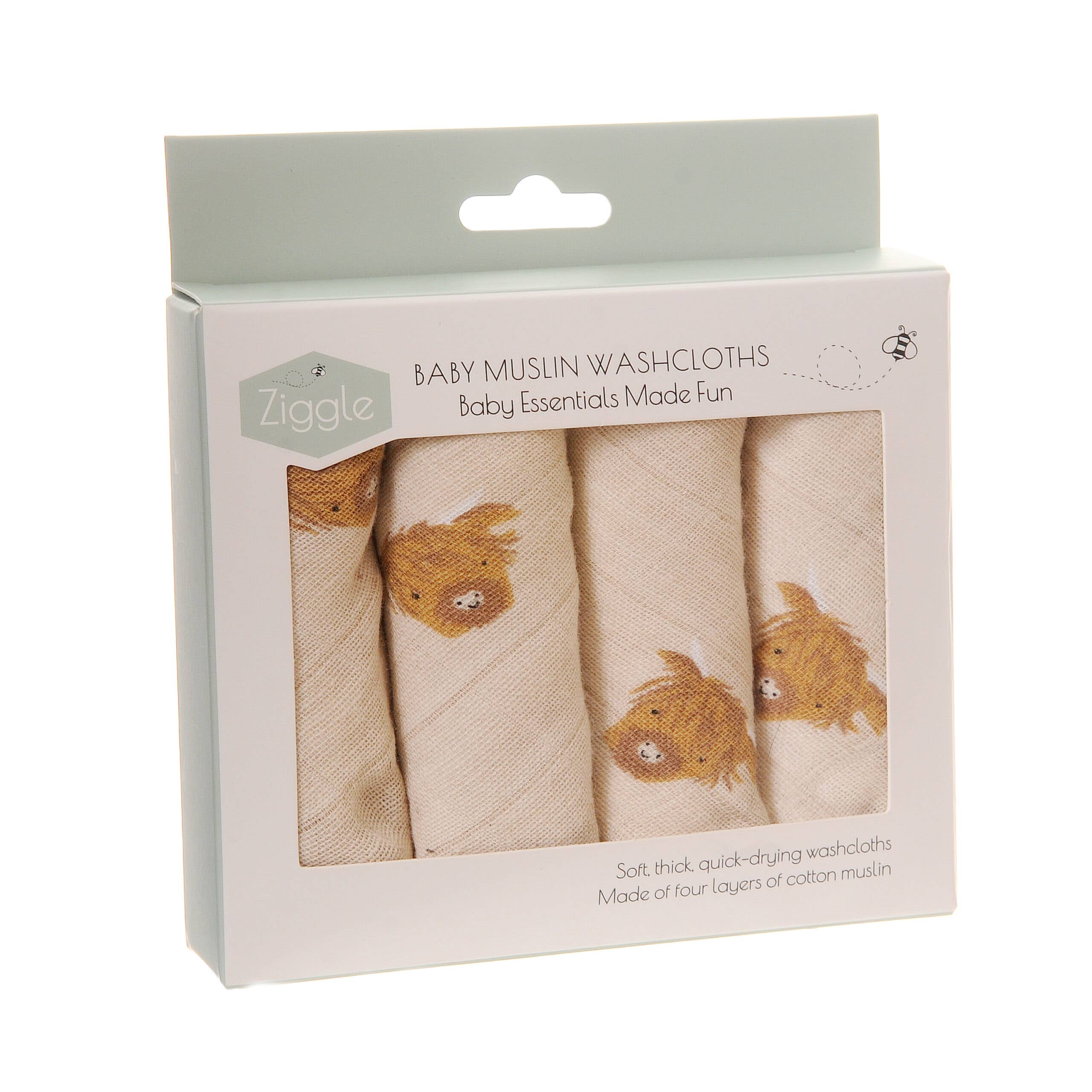 Highland Cow Muslin Baby Washcloths set