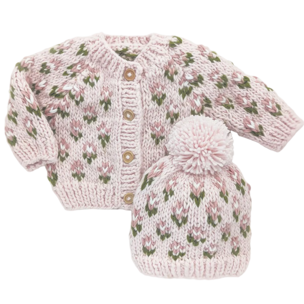 Huggalugs hand Knitted baby cardigan and hat with pink floral pattern - Aodrababy.co.uk