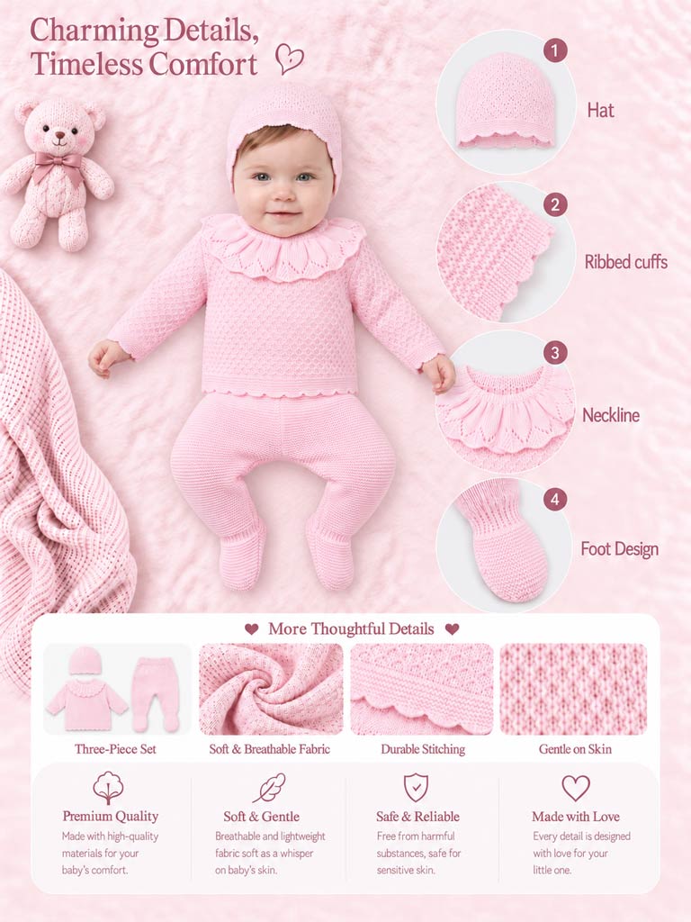 A baby wearing a fruit de ma passion pink knit three-piece outfit with a matching hat, ribbed cuffs, neckline, and foot coverings, shown on a pink textured background with feature callouts and a small inset product detail panel. - AdoraBaby.co.uk