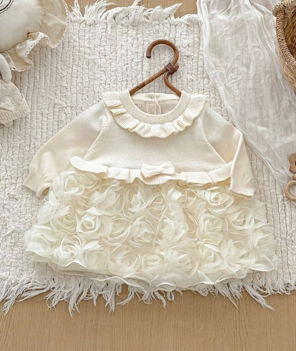 Rose Knit Baby Girls Occasion Dress - Burgundy Red or Ivory