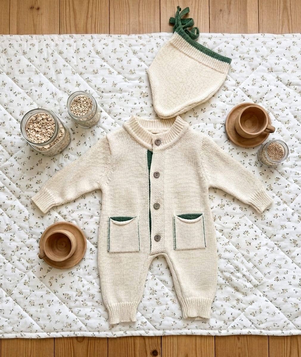 Ivory Dinosaur Knit Romper & Bonnet Set